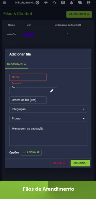Aplicativo de ChatBot de WhatsApp - Filas de atendimento